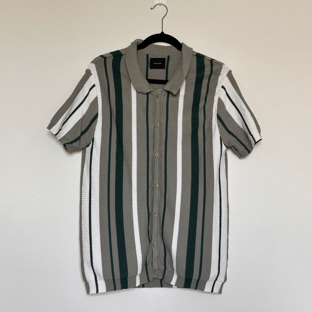 PacSun Mens Green White Striped Button Up Knit Sweater Shirt 100% Cotton Size M